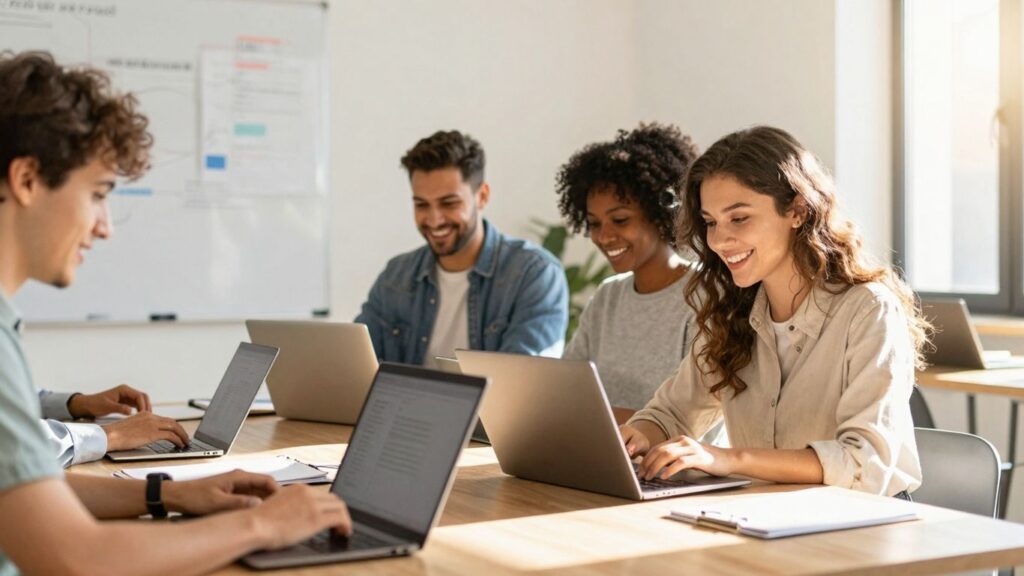 Pessoas aprendendo online com cursos gratuitos da Santander Open Academy.