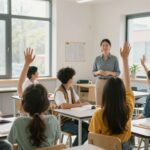 Estudantes em sala de aula moderna e iluminada.