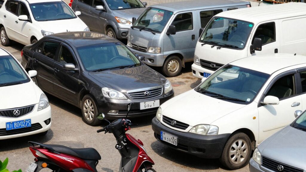 Veículos diversos sob a luz do sol, sugerindo IPVA.