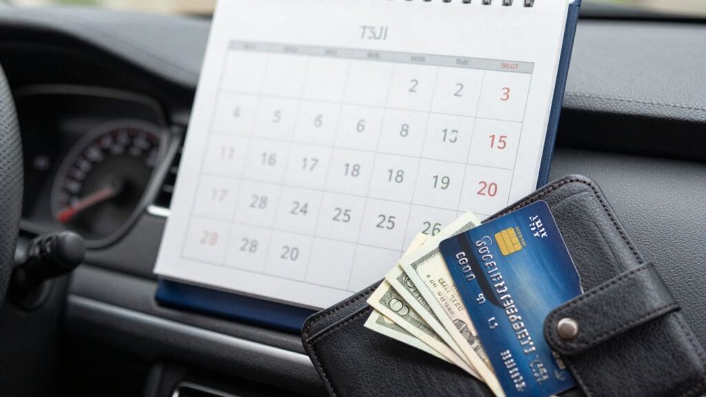 Calendário com datas de vencimento do IPVA 2026 e dinheiro.