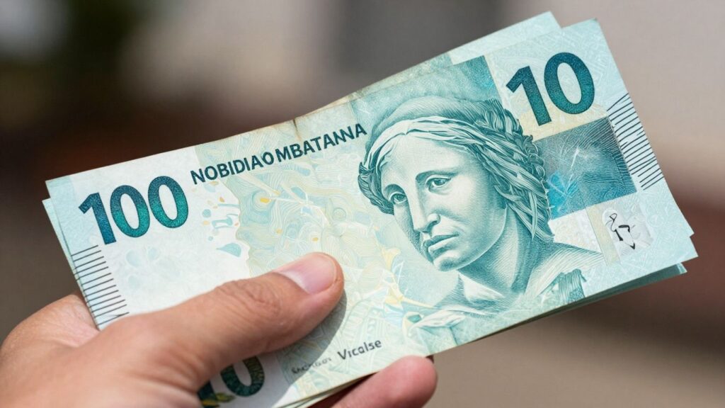 Mão segurando dinheiro do programa Pé-de-Meia.