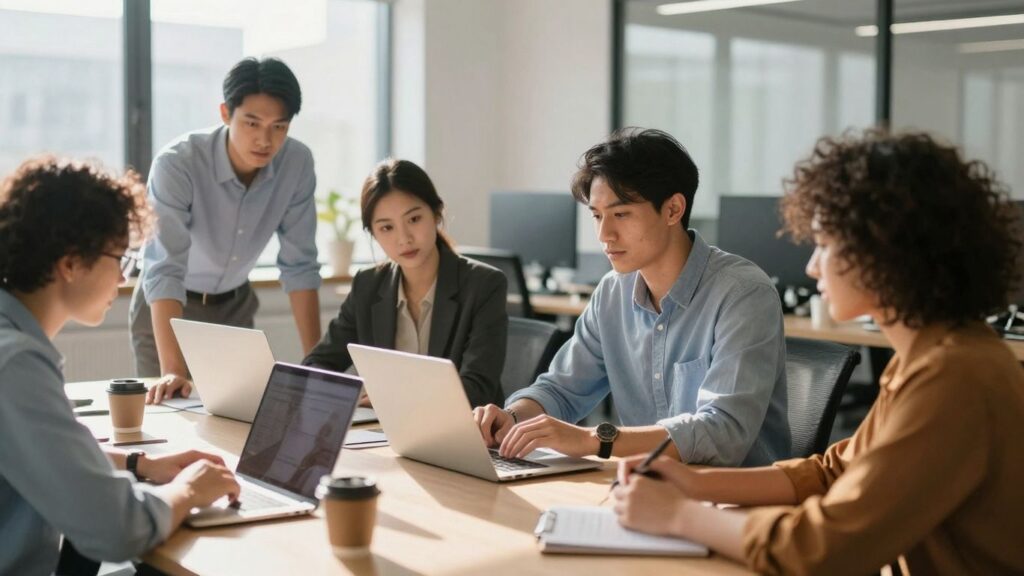 Pessoas trabalhando juntas em um escritório moderno e iluminado.