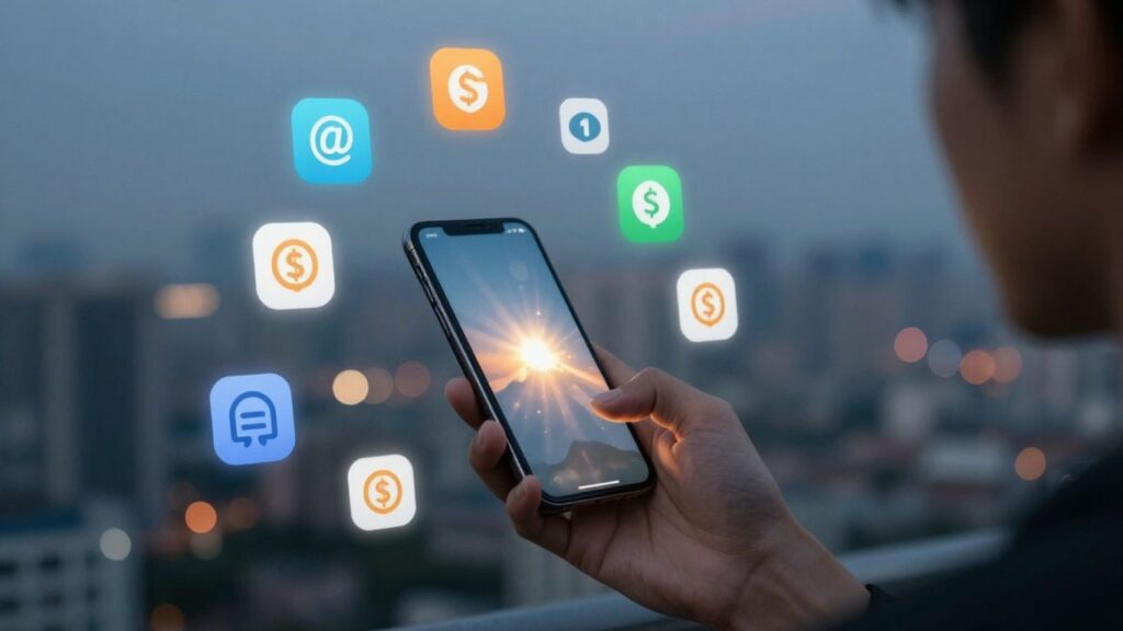 Homem ganhando dinheiro com celular em 2026.