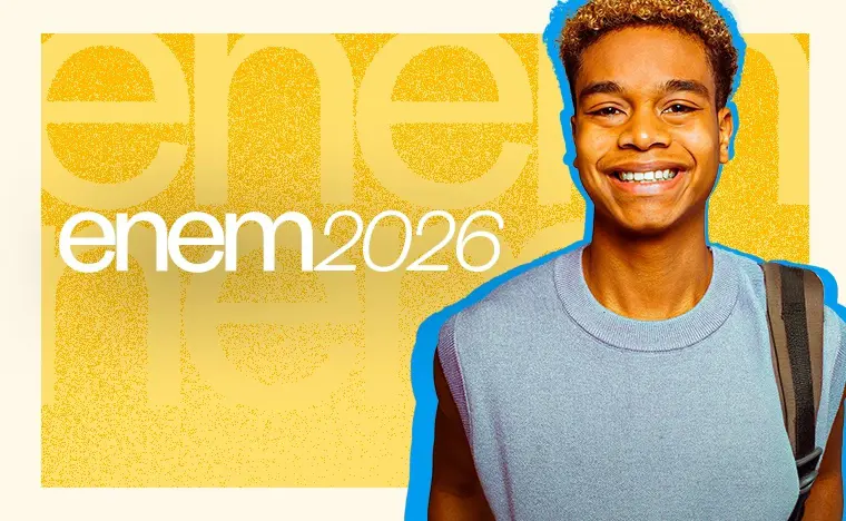 Jovem estudante consultando inscrição no Enem 2026 pelo celular com Pé-de-Meia
