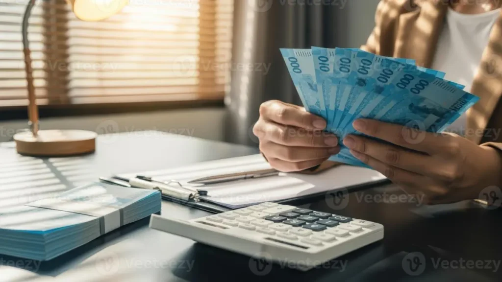 Cálculo de salário com dinheiro e calculadora