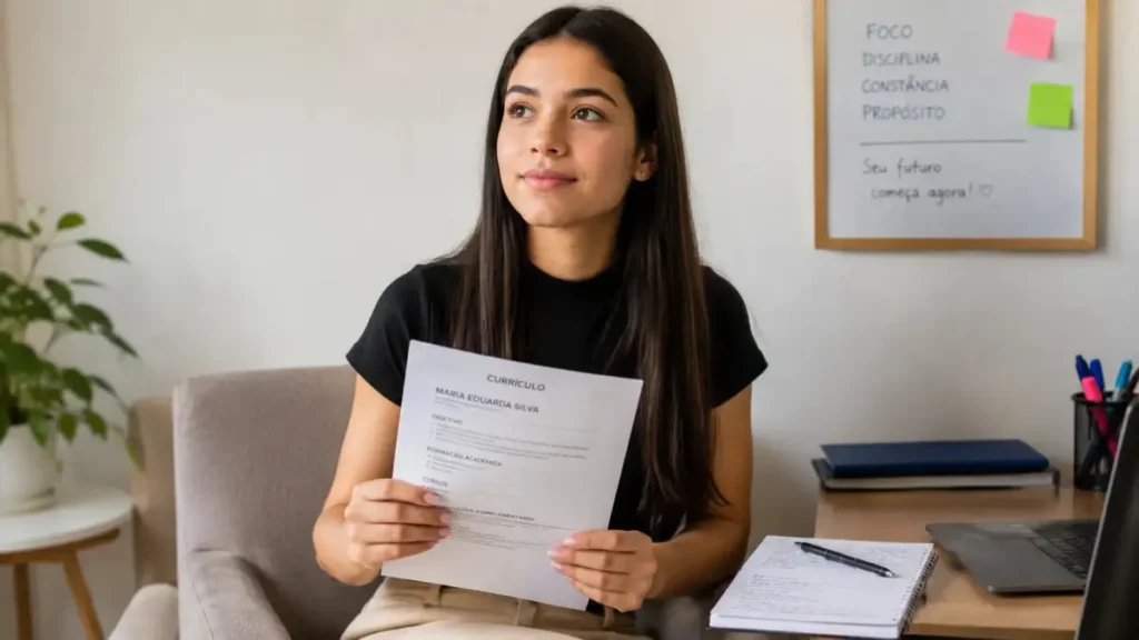 Jovem montando currículo de primeiro emprego