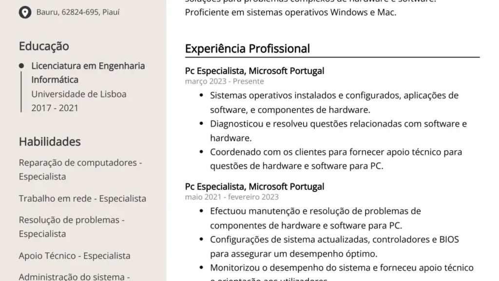 Modelo de currículo na tela